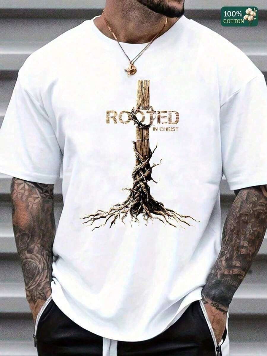 1 Piece Men's T-Shirt With Christian Cross And Tree Root Print, Thick Washed Cotton, Round Neck, Short Sleeve, Casual Style, For Daily Or Sunday Wear, Gift For Believer Men, Urban Clothing, Loose Fit, Summer Essential, 180g, 100% Cotton. - 白色 - 查看 1