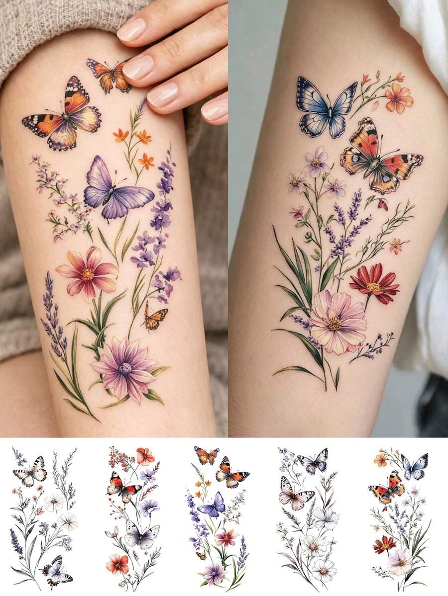 女性身體藝術臨時紋身貼紙,時尚彩色蝴蝶與花卉圖案,防水假紋身,可維持2-5天,適用於手臂、頸部、腰部及腿部,適合節日、婚禮、派對、禮物與度假,身體裝飾 - 彩色 - 查看 1
