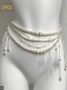 2pcs & 1pc Multi-Layer Faux Pearl Tassel Waist Chain, Fashionable Bridal Waist Chain, Luxury & Elegant, Bridal Gift, Dress Waist Accessory, Wedding - Multicolor - View 13