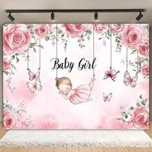1件粉色女嬰派對背景布 2D攝影背景，含玫瑰、蝴蝶與「Baby Girl」文字，聚酯纖維材質，無需電源，適合嬰兒洗禮、生日、週年紀念 - 11 - 查看 4