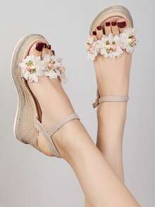 Women's Thick Sole Platform Wedge Sandals With Floral Decor, Strap Fashion Roman Style, Suitable For Dresses In Summer,Travel Essential - Beige - View 8