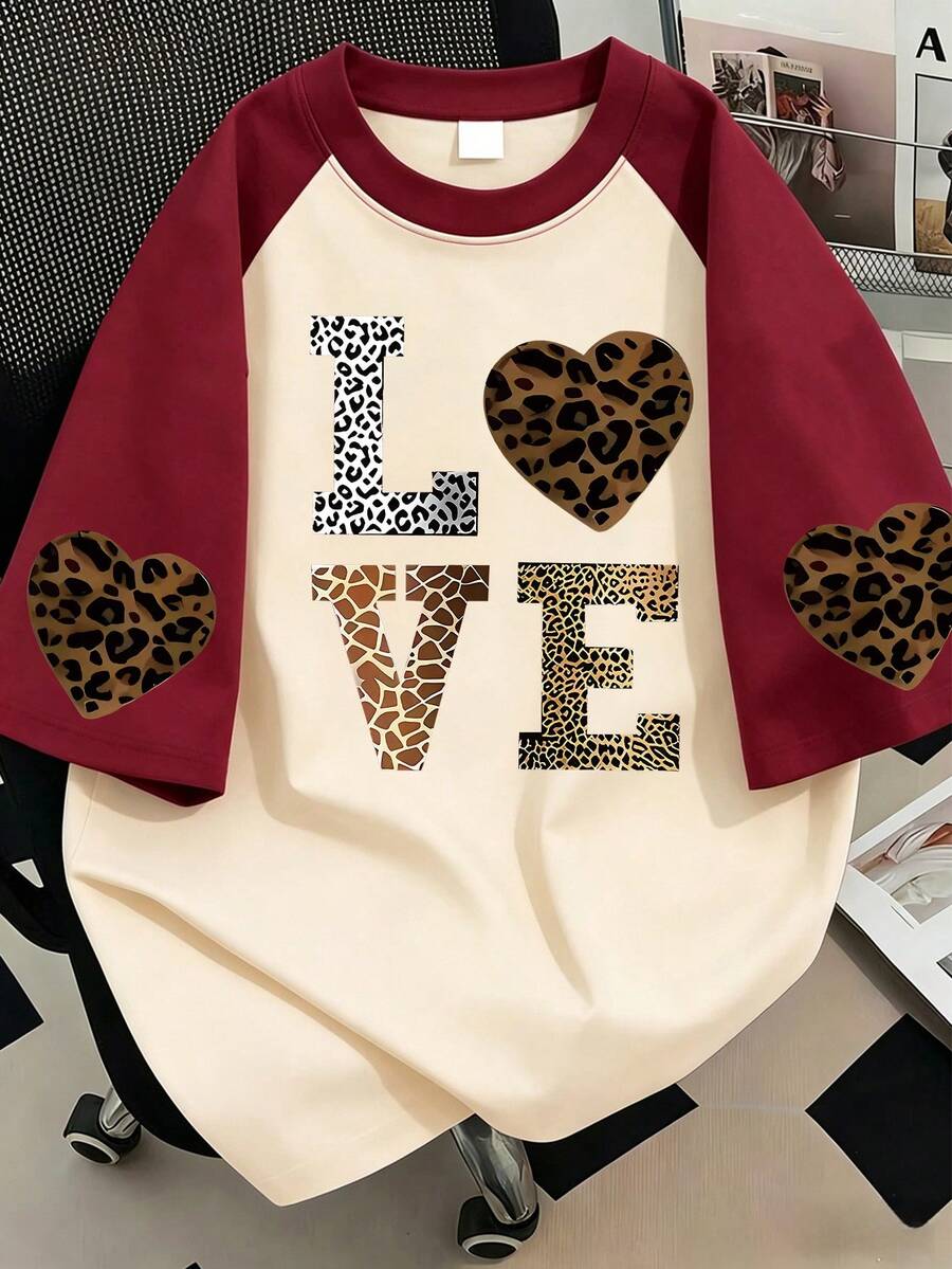 Camiseta de mujer talla grande con cuello redondo, estampado de letras, casual y versátil para uso diario, bloques de color, adecuada para vacaciones de verano, ropa de playa, atuendo de vacaciones, atuendo de primavera, Día de la Madre, Día de San Valentín, uso diario, boda, playa, fitness, graduación, fiesta, de moda - Multicolor - Ver 1