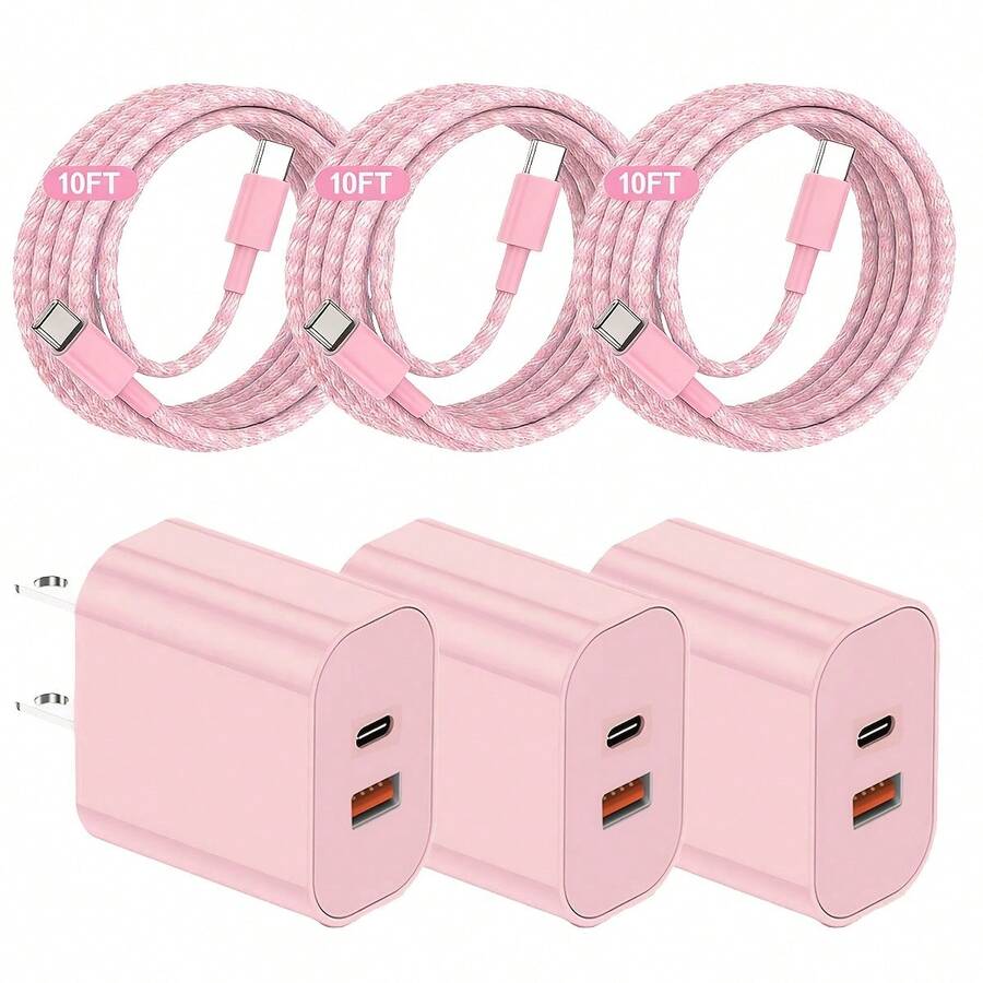 JOZASHON 10ft For IPhone 17/16 Charger, 1-4Pack 20W+18W Fast USB C Charger Block, 10 Feet (Approximately 3 Meters) Suitable For IPhone 17/16/15 Chargers. Long-Length Woven C To C Cable. Supports Fast Charging For IPhone Air 17/16 Pro Max/15 Pro/16 Plus/16e/15-Pink - US A Type Plug(110-127V) - View 1