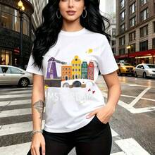 Camiseta de mujer con estampado colorido de Amsterdam, molinos de viento púrpuras, casas de canales multicolores y abeja amarilla - camiseta casual de cuello redondo, ajuste cómodo y elegante, estilo urbano y moderno - ideal para paseos por la ciudad - Blanco - Ver 11