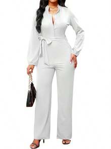Jumpsuits Women Formal Elegant Long Straight Pants Busineess Party Jumpsuit With Belt Pockets - 白色 - 查看 4