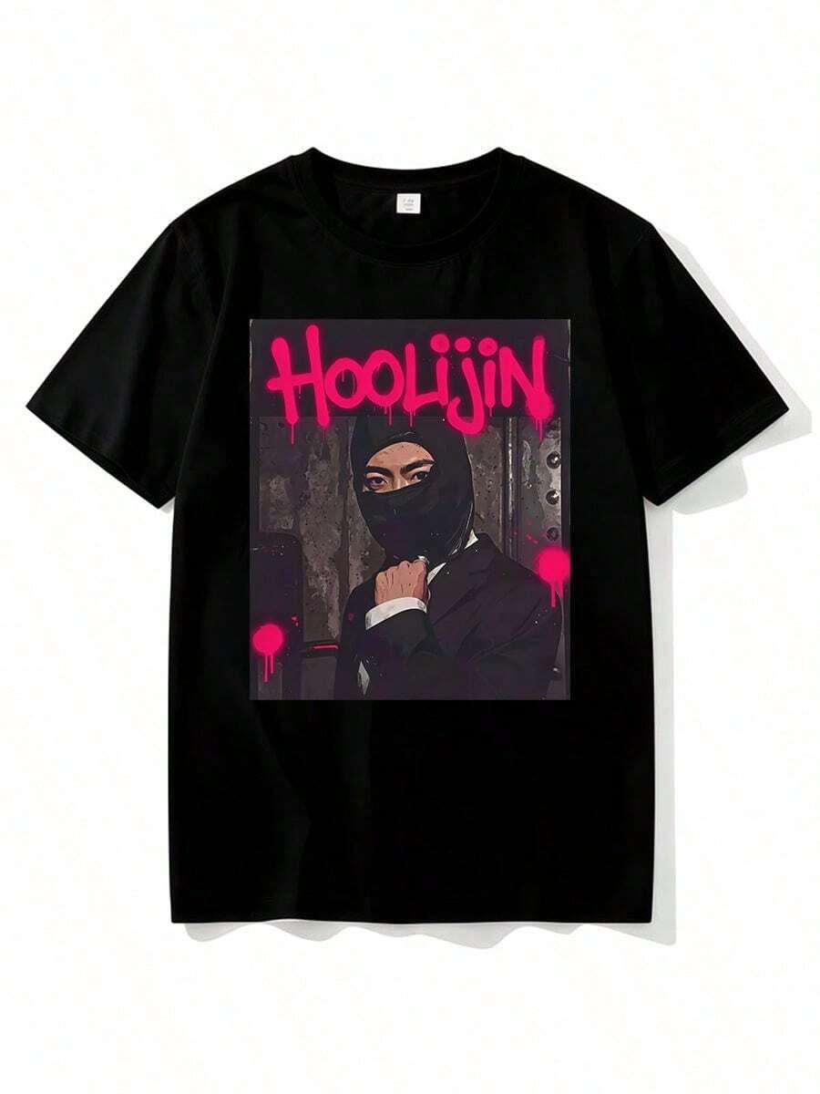 Jin Hooligan HooliJin Movie Poster Illustration Short Sleeve T Shirt Bullet-Proof Youth League ARMY Stan Seokjin Concert Merchandise Full Of Fun - 黑色 - 查看 1