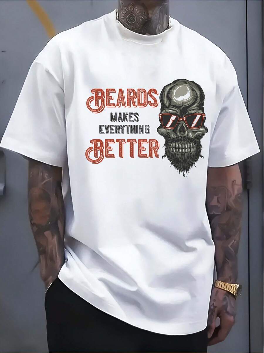 1 camiseta blanca de algodón puro para hombre: "Beard Enhancement: Ultimate Style T-shirt" 180g 100% Algodón - Negro - Ver 1
