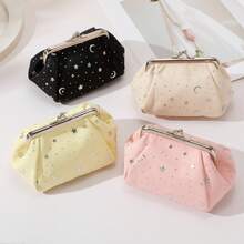 1PC Star Moon Pattern Daily Coin & Banknote Storage Bag, Mini PU Floral Print Snap Button Purse, Small Wallet For Bank Card ID Card And Tiny Items - Multicolor - View 1