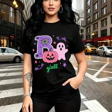 Camiseta de mujer con estampado temático de Halloween que incluye letra B, araña, calabaza rosa y fantasma - diseño divertido con texto "y'all", ajuste casual cómodo para el día a día, perfecta para celebraciones urbanas y fiestas de otoño - regalo i - Negro - Ver 7