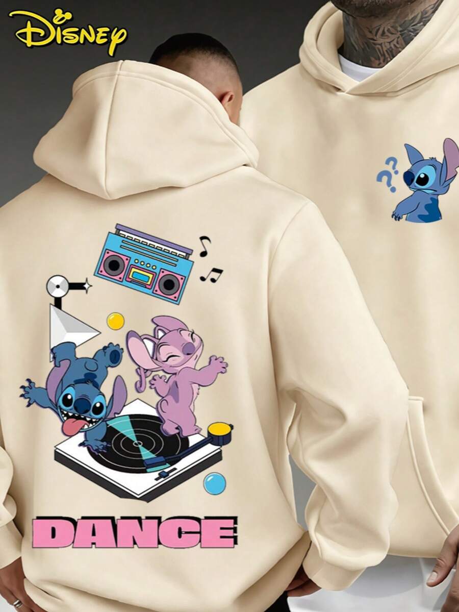 Men's Oversized Disney Hoodie, Retro DJ Party Stitch & Angel Print, Streetwear Style Casual Sweatshirt - 杏色 - 查看 1