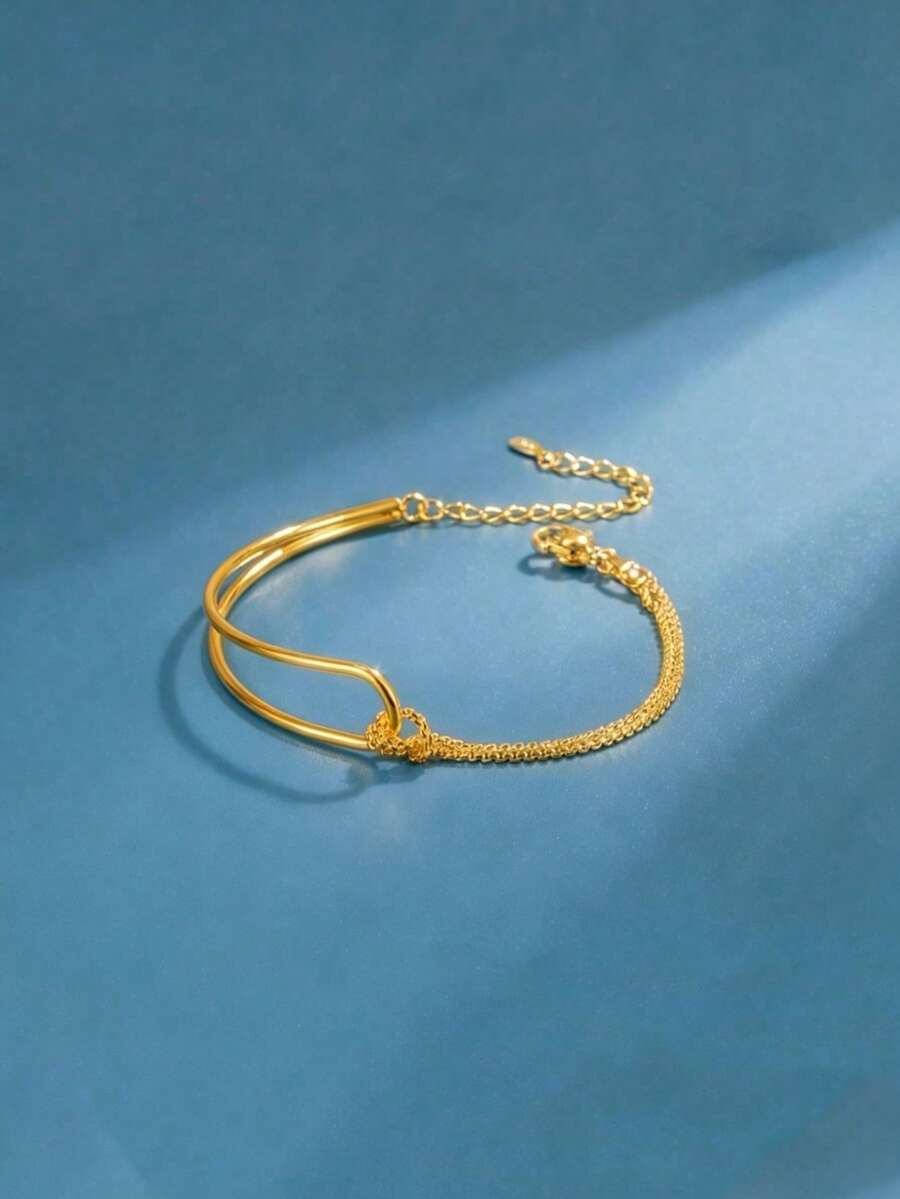 1pc Minimalist Asymmetric Double-Layer Curved Tube & Constellation Charm Chain Bracelet - Yellow Gold - View 1