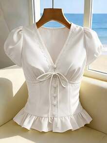 Blusa de cuello en V con volantes para vacaciones - Blanco - Ver 1