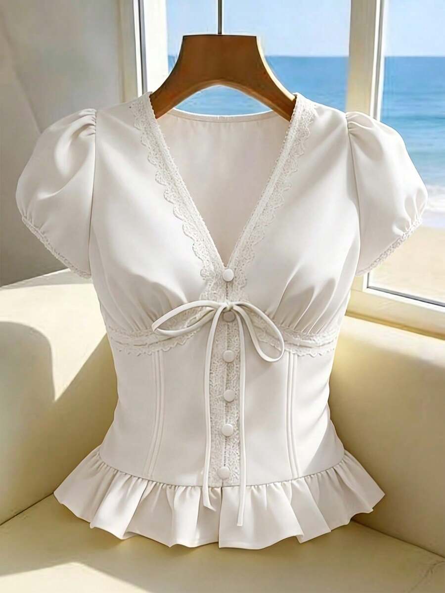 Blusa de cuello en V con volantes para vacaciones - Blanco - Ver 1