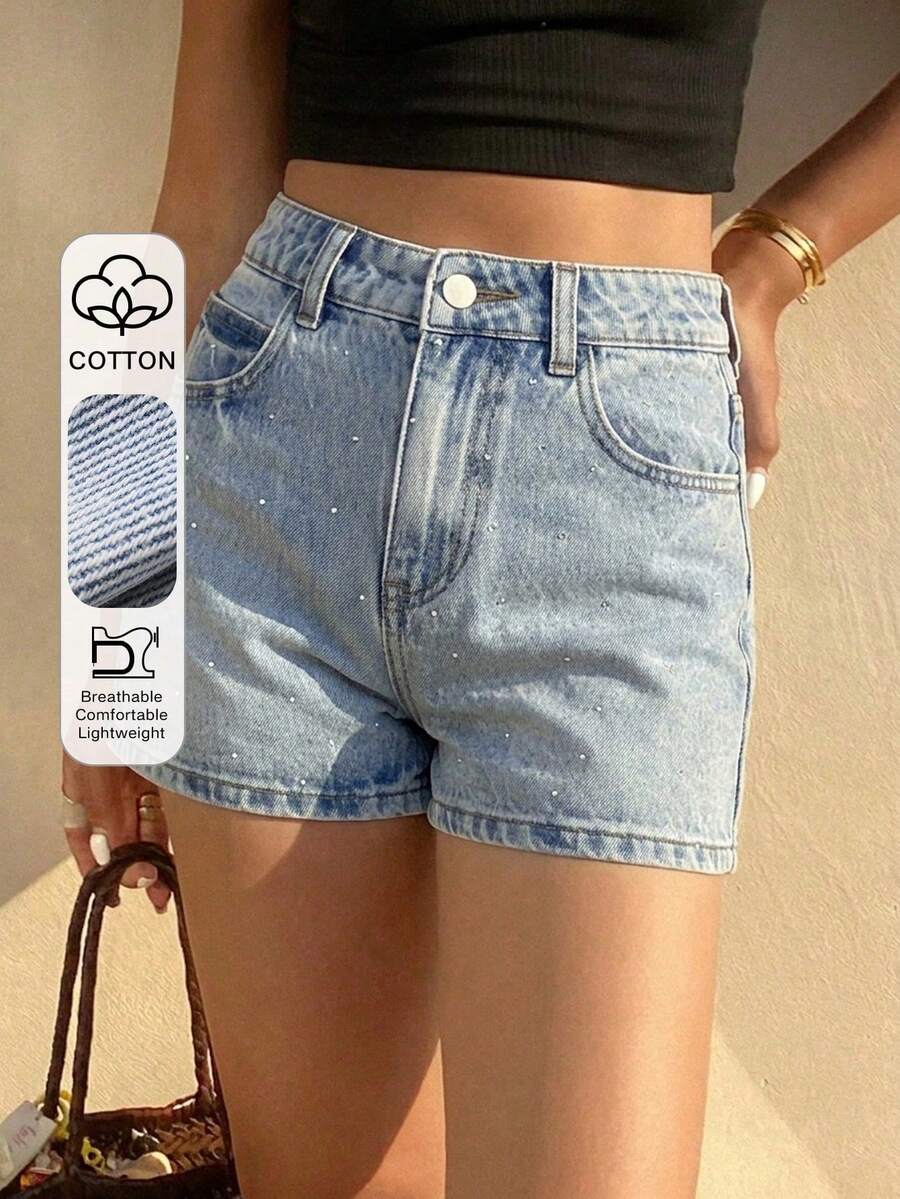 Minifalda de verano para mujer con decoración de rhinestones, shorts vaqueros ajustados y sexy de estilo urbano con lentejuelas - Lavado ligero - Ver 1