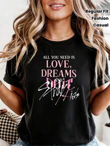 1PC New Y2K Vintage Streetwear Graphic Tee Men'S S-Tray Kids Concert T-Shirt - All You Need Is Love & SKZ Graphic Print, Casual Crew Neck Tee With Slight Stretch, Regular Fit Anime Manga Top For Streetwear, Gym, And Kawaii Fashion - Black - View 2