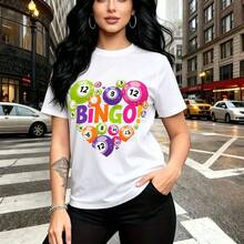 Camiseta de mujer con estampado colorido de bingo y bolas numeradas en forma de corazón - diseño divertido y nostálgico con letras vibrantes, ajuste cómodo y estilo urbano casual - ideal para fiestas temáticas, salidas con amigas, días de juego o com - Blanco - Ver 9