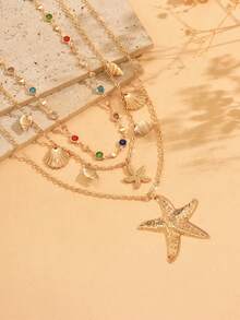 3pcs Summer Ocean Style Colorful Crystal Pendant Necklace Set, Includes Sealife Charm & Gold Chain, Suitable For Beach, Vacation, Daily Wear, Dates - Multicolor - View 3