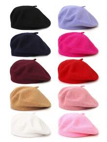 1pc Unisex Retro Solid Color Beret Hat, Suitable For Spring And Autumn, French Vintage Wool Felt Hat, Multiple Colors Available, Fashionable Minimalist Artist Style Hat, Classic Design, Summer, Beach - Multicolor - View 11