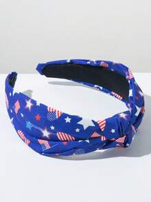 1 pieza Diadema de tela estampada de moda con ala ancha, personalizada con bandera nacional, estrella, patrón de corazón, accesorio para el cabello minimalista y versátil, diadema de bandera nacional para el Día de la Independencia - FG795 - Azul - Ver 2