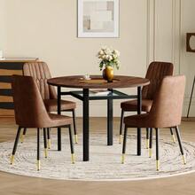 Modern Minimalist Round Dining Table Set (With 2 Chairs In Brown Technical Fabric And Black Metal Legs), 100cm Diameter Round Table With Wood Look, Suitable For The Dining Room And Kitchen. - Black and Brown 1 - View 2