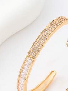 Japanese Style Elegant Square Rhinestone Open Bangle & Ring Set, Minimalist Timeless Design, Daily Wear & Travel Decorative Jewelry - Japanese Minimalist Style - View 2