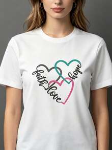 Camiseta holgada de verano de algodón con letra manuscrita y corazones Faith Hope Love, estilo simple casual para mujer - Blanco 2 - Ver 1