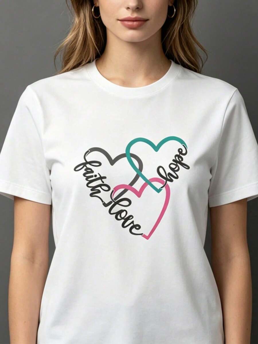 Camiseta holgada de verano de algodón con letra manuscrita y corazones Faith Hope Love, estilo simple casual para mujer - Blanco 2 - Ver 1