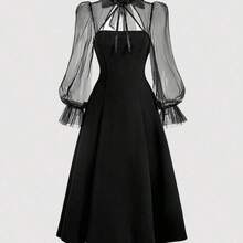 WNS  MOD Vestido de cuello alto negro con mangas acampanadas de malla de contraste y cuello de corbata - Negro01 - Ver 3
