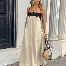 WNS  Vestido midi de vacaciones sin tirantes con parches de encaje y contraste de color para mujer - Albaricoque - Ver 2