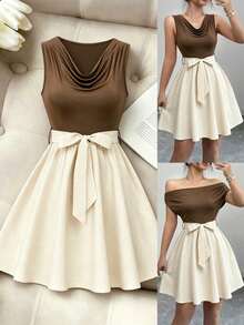 Vestido elegante sin mangas con cuello drapeado y cintura retorcida de color contrastante para mujer - Multicolor - Ver 1