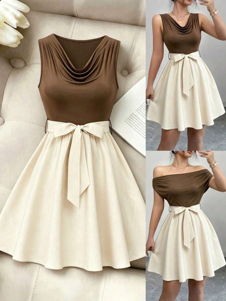 Vestido elegante sin mangas con cuello drapeado y cintura retorcida de color contrastante para mujer - Multicolor - Ver 1