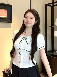 蕾絲蝴蝶結拼接短袖襯衫，新款時尚修身女款白色夏季上衣 - 白色 - 查看 8