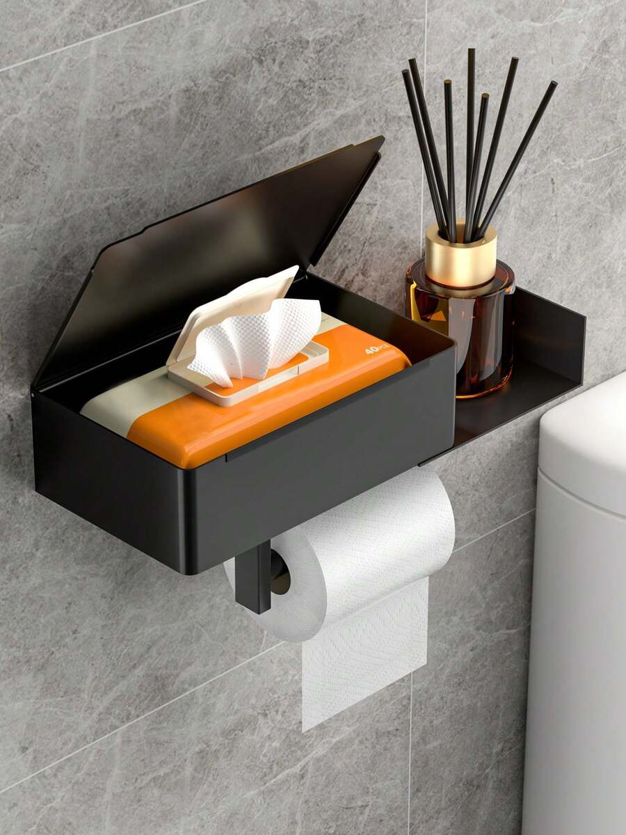 1 buah Tempat Tisu Toilet Gantung Dinding Warna Hitam, Multifungsi Tempat Ponsel, Tempat Tisu, Kotak Tisu Basah, Cocok untuk Dekorasi Kamar Mandi, Dekorasi Musim Panas - Hitam - View 1