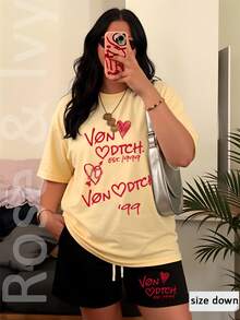 Womens Creative T Shirt And Shorts Set American Vintage Full Print Street Wear Vonn Dutch Est 1999 Heart Logo Print Ideal Gift For 2026 New Year Mothers Day St Patricks Day Black History Month Back To School Season And Easter Voon Dutch Ed Hardys - Màu be - Xem 1