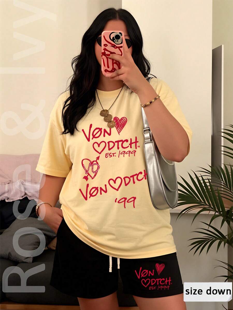 Womens Creative T Shirt And Shorts Set American Vintage Full Print Street Wear Vonn Dutch Est 1999 Heart Logo Print Ideal Gift For 2026 New Year Mothers Day St Patricks Day Black History Month Back To School Season And Easter Voon Dutch Ed Hardys - Màu be - Xem 1