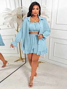 AIJ Set Kasual Wanita Ukuran Besar, Termasuk Blus Berkerah Kancing Depan dan Berhiaskan Rumbai di Bagian Bawah, Elegan untuk Musim Panas - Biru - View 5