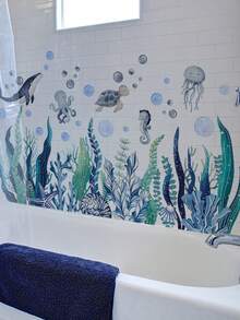 1pc Watercolor Ocean Creatures Wall Sticker - Removable Underwater Sea Animal Decals For Kids Room Bathroom, Dreamlike Summer Ocean Adventure Theme Decoration - D - View 4