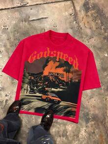Y2K Tops, Godspeed Holly Wood Hills Orange Sunset Distressed Oversized Graphic Tee, Retro, Streetwear, Vintage, Drive Aesthetic, Baggy,   For Men - 紅色 - 查看 12