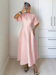 Vestido largo elegante de mujer con cintura ceñida y estampado jacquard, para verano - Rosa Pálido - Ver 1