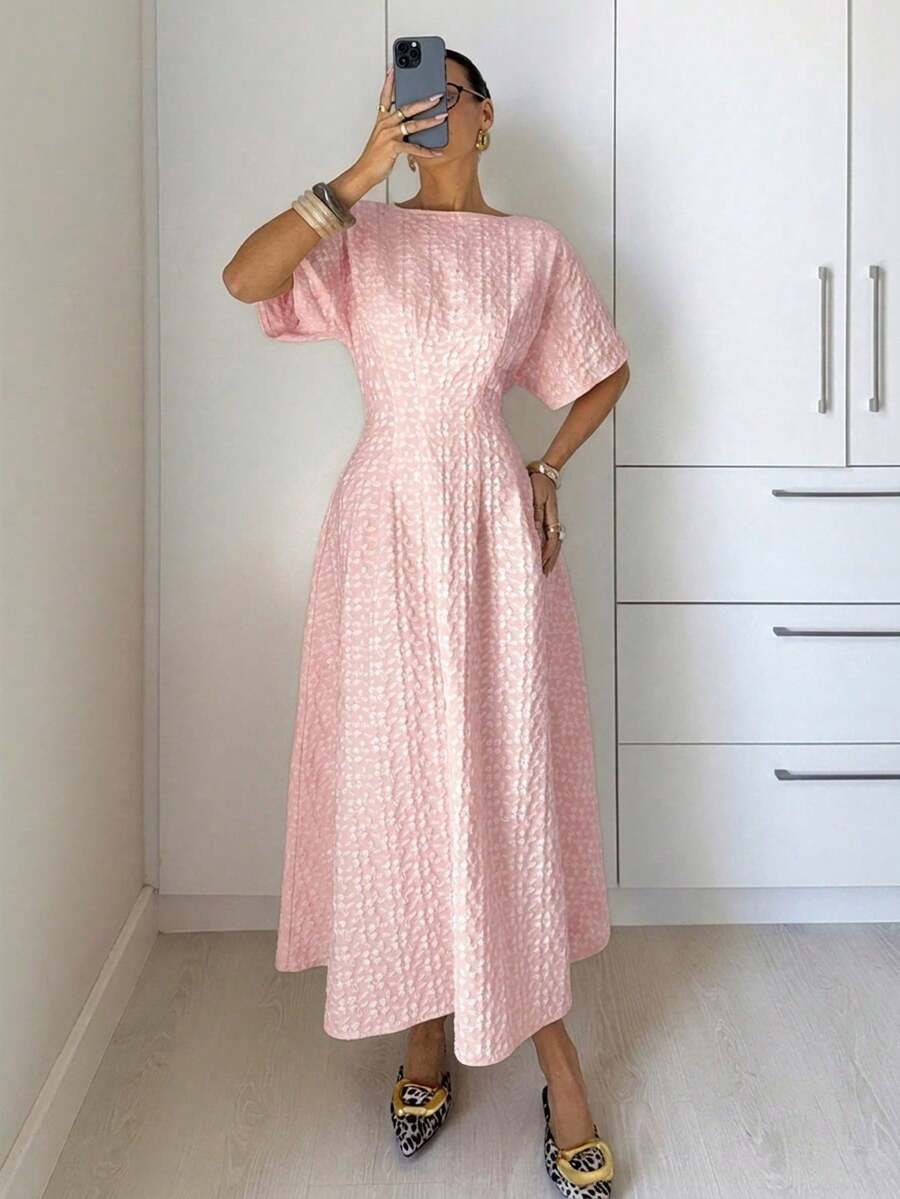 Vestido largo elegante de mujer con cintura ceñida y estampado jacquard, para verano - Rosa Pálido - Ver 1