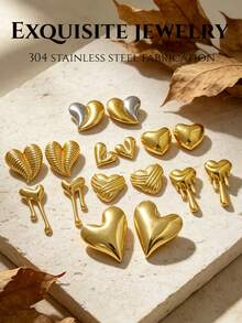Set de 18 piezas / 9 pares de pendientes de mujer de colores dorado y plateado para el verano. Incluye formas de corazón lisas, corazones bicolor dorado y plateado, corazones derretidos y otros diseños. Adecuado para uso diario casual y de vacaciones. - Juego de acero inoxidable - Ver 1