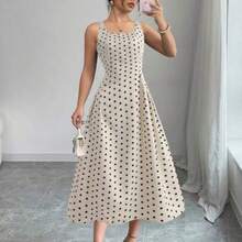 WNS  Vestido casual de largo medio sin mangas con cuello cuadrado, plisado y estampado de lunares para mujeres - Multicolor - Ver 1