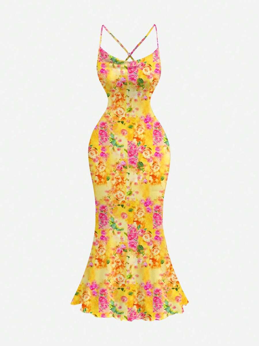 MOD Vestido midi elegante con volantes en el cuello y bajo de cola de pez con estampado de lunares y flores para mujer - Multicolor 4 - Ver 1