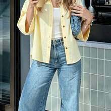 WNS Blusa casual de mujer amarillo mantequilla de primavera/verano 2026, básica de solapa de un solo pecho de manga 3/4 estilo playa, elegante para el Día de San Valentín, Carnaval, fiesta de playa - Amarillo - Ver 3