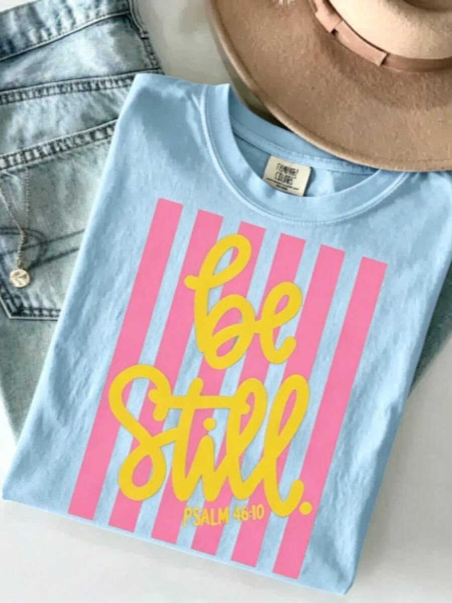 [100% Cotton] Be Still Shirt - Love Like Jesus Girly Pink Stripes T-Shirt Coquette Aesthetic Faith Spring Tee Unisex Women's & Men's Campus Daily Wear - 藍色 - 查看 1