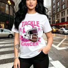 Camiseta de mujer con estampado de concienciación contra el cáncer de mama con casco de fútbol americano y cintas rosas, frase "Tackle Breast Cancer" - camiseta casual de cuello redondo, ajuste cómodo y moderno, estilo urbano con mensaje solidario - - Blanco - Ver 10