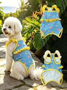 1 Stück Haustier-Badeanzug, blau & gelbes Fischmuster, atmungsaktiv, schnelltrocknend, Hundebadeanzug, Rüschen ärmellos Sommer-Strandset, süßer Haustier-Badeanzug, geeignet für kleine und mittlere Hunde und Katzen, ideal zum Schwimmen, Poolpartys und Urlaubsfotos - Babyblau - Übersicht 4