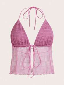 ICON Backless Mesh Halter Top With Split Tie Hem, Style Y2K - 羅莎 - 查看 1
