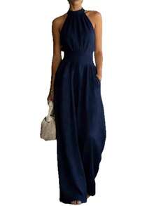 New Hit Jumpsuit For Women, Sleeveless, Halter Style, Loose And Wide Leg Cut, Fitted Waist, Flattering Design, Elegant, Perfect For Daytime Looks, Walks And Casual Occasions - 藏青色 - 查看 1