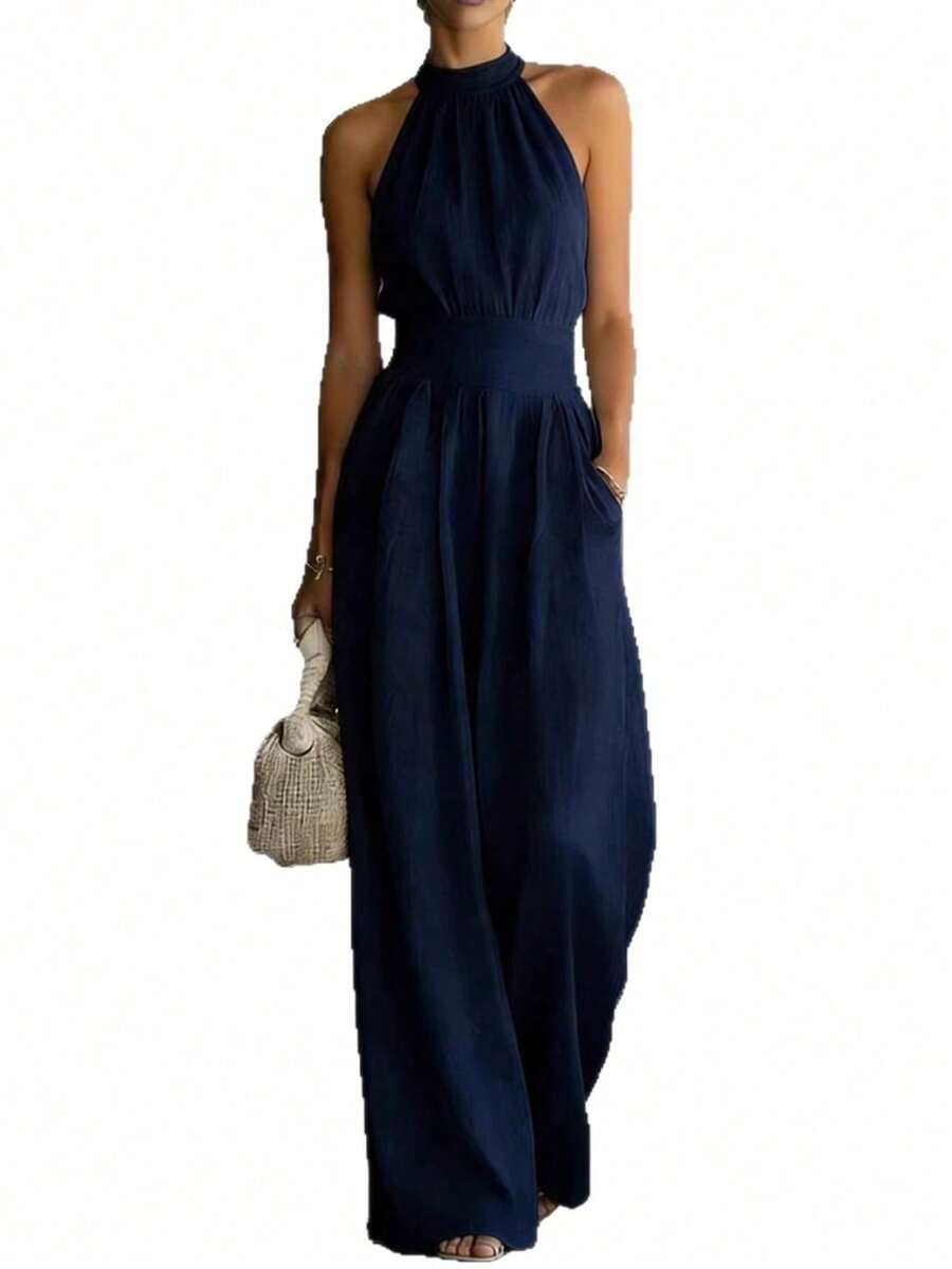 New Hit Jumpsuit For Women, Sleeveless, Halter Style, Loose And Wide Leg Cut, Fitted Waist, Flattering Design, Elegant, Perfect For Daytime Looks, Walks And Casual Occasions - 藏青色 - 查看 1